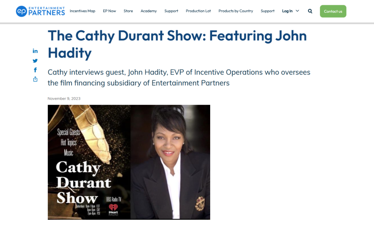 The Cathy Durant Show featured on Entertainment Partners