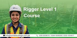 Smiling person in safety gear and helmet in front of a faded industrial background. Text reads "Rigger Level 1 Course." Contact info at the bottom.