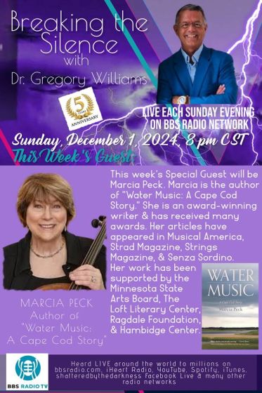 Special Guest will be Marcia Peck. "Marica is the author of Water Music: A Cape Cod Story." She is an award-winning writer and has received many awards