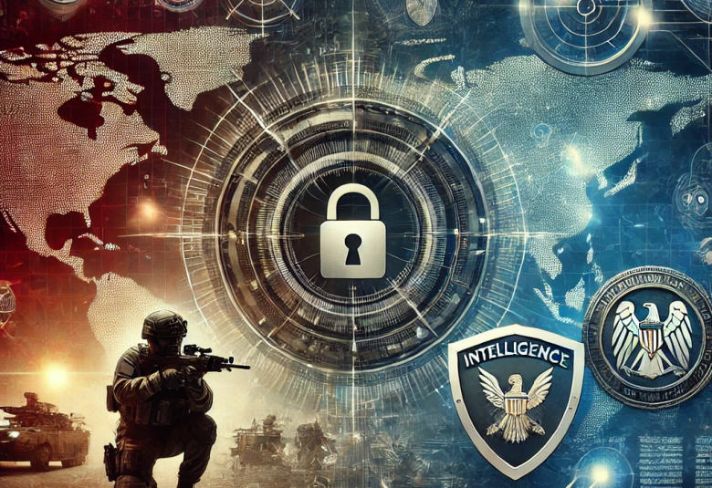Urgent national security threats depicted with military, cybersecurity, and intelligence symbols on a digital map background