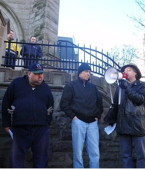 Church Eviction, March 16, 2008: Elder Kiapilano (centre) with Kevin Annett