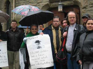 Kevin Annett (right, with bag) leads first occupation of Holy Rosary Catholic Cathedral,  Vancouver, March 4, 2007