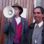 Kevin on the bullhorn with murdered native activist Johnny Bingo Dawson, March 2008, Vancouver