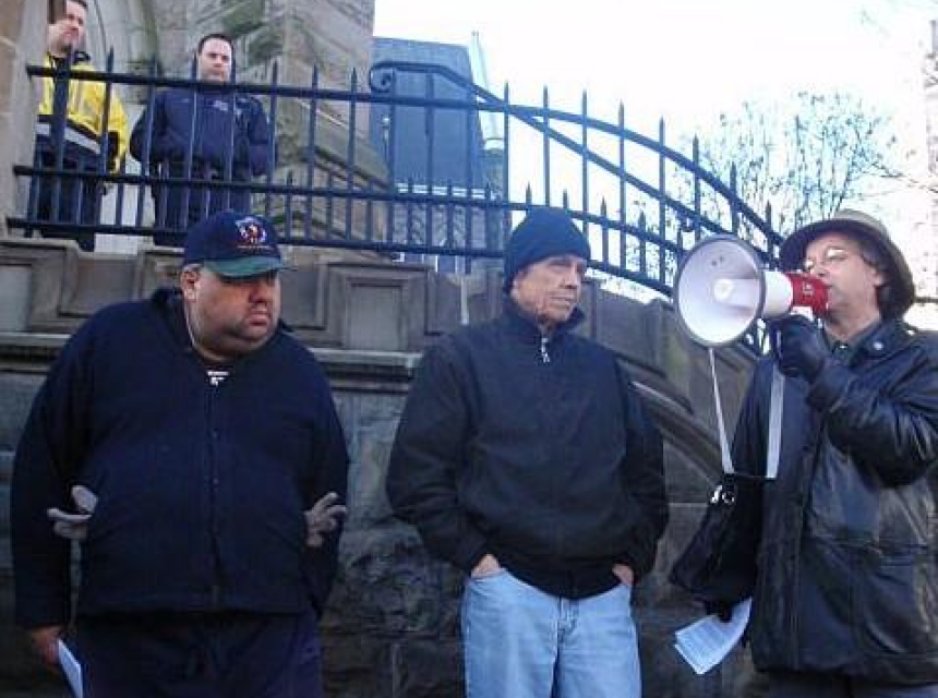 Church Eviction, March 16, 2008: Elder Kiapilano (centre) with Kevin Annett